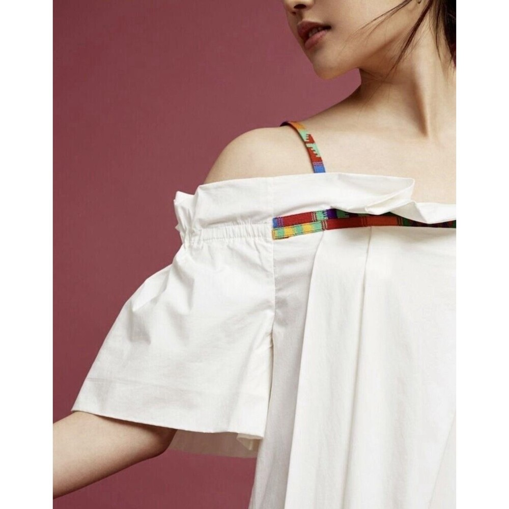 Anthropologie WHIT White Ruffle Poplin Tribal Strap Blouse Off The Shoulder Sz P